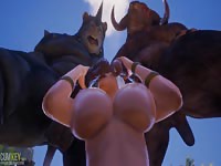 Two huge minotaur animal dicks in threesome sex with a sexy girl