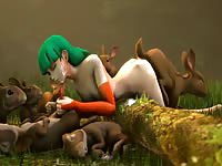 Green-haired chick animal group sex with a group of wild rabits