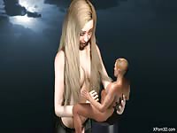 Lactating MILF got tits sucked by little 3D dude