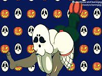 Scary cartoon demon sucking huge Halloween dick