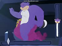 Purple monster rides a pink monster's huge furry dick