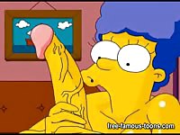 Extremely horny busty MILF sucking huge erect yellow cock