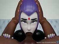 Purple haired girl giving blowjob to a hentai BBC